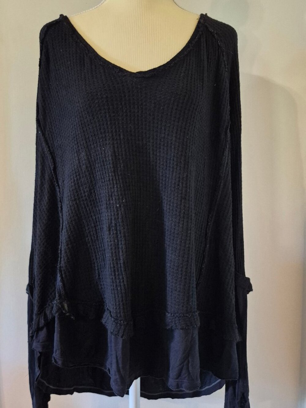 We The Free People XS Black Laguna Thermal Top Waffle Knit Oversized Boho Grunge